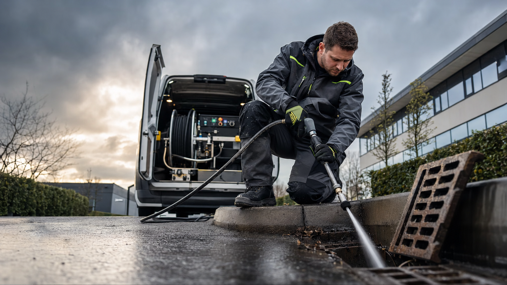 Drainage engineer operating high-pressure jetting equipment