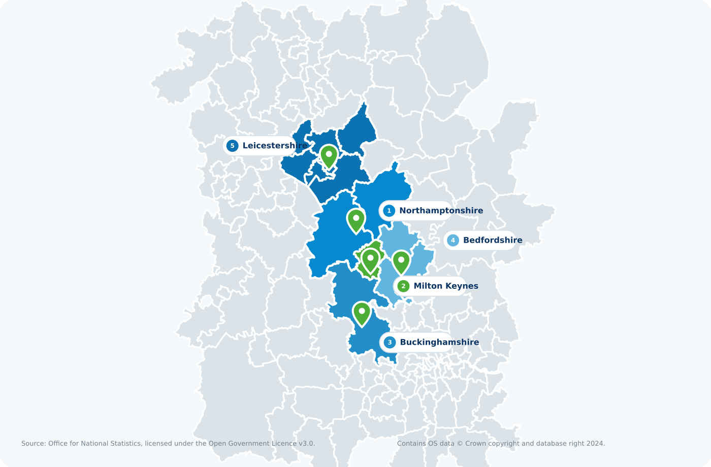 Official-boundary map highlighting Northamptonshire, Milton Keynes, Buckinghamshire, Bedfordshire and Leicestershire